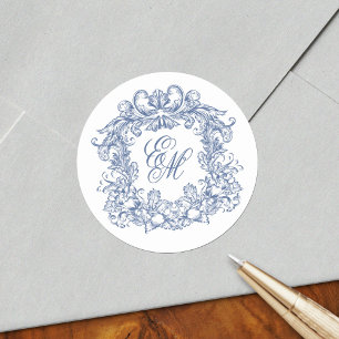 Pegatina Redonda Elegante Boda de Vintage Escudo Monograma Azul