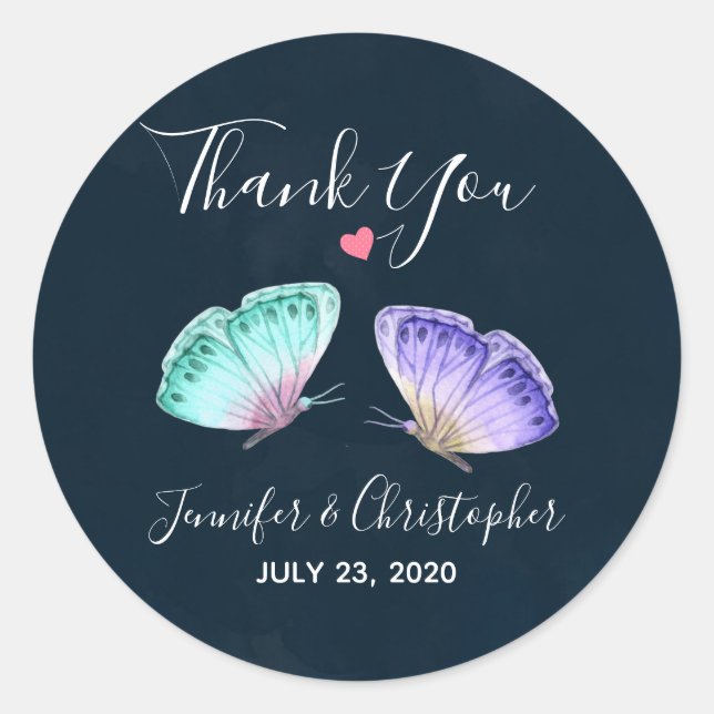 Pegatina Redonda Elegante Boda de Watercolor Butterfly Duo (Anverso)