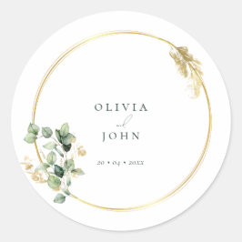 Pegatina Redonda Elegante Boda del Eucaliptus Verde Oro