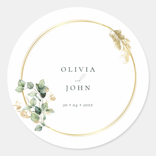 Pegatina Redonda Elegante Boda del Eucaliptus Verde Oro (Anverso)