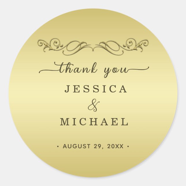 Pegatina Redonda Elegante boda del Ornate Gold de lujo (Anverso)