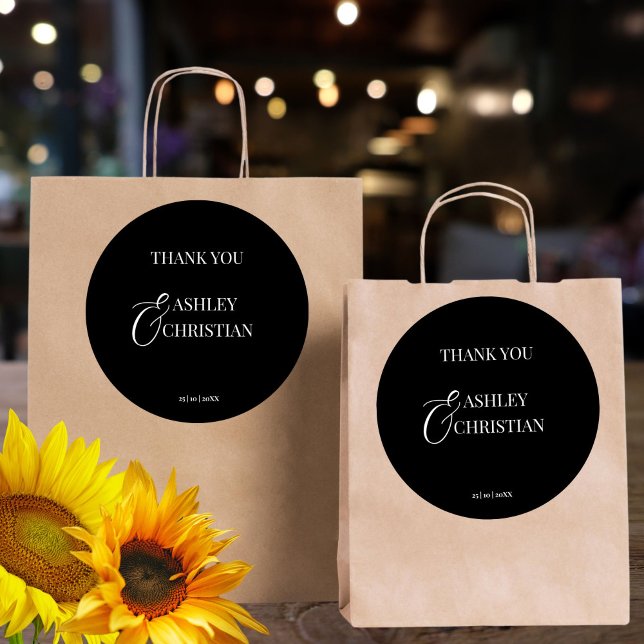 Pegatina Redonda Elegante boda en blanco y negro gracias a favor (Black and white elegant simple minimalist wedding thank you favor sticker wedding favors)
