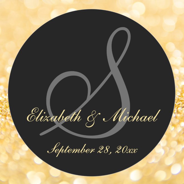 Pegatina Redonda Elegante Boda en Monograma de Oro Negro Salva la F (Elegant Black Gold Monogram Wedding Save the Date Classic Round Sticker)
