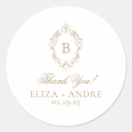Pegatina Redonda Elegante Boda Escudo de Monograma Dorado