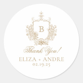 Pegatina Redonda Elegante Boda Escudo de Monograma Dorado