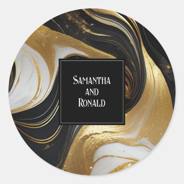 Pegatina Redonda Elegante Boda Faux Gold, Black & White Marble (Anverso)