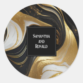 Pegatina Redonda Elegante Boda Faux Gold, Black & White Marble