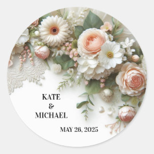 Pegatina Redonda Elegante Boda floral