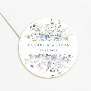 Pegatina Redonda Elegante boda floral azul blanco verde  