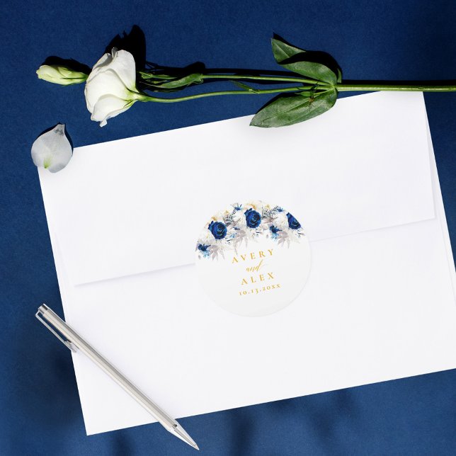 Pegatina Redonda Elegante Boda floral azul y amarillo (Subido por el creador)