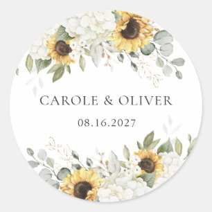 Pegatina Redonda Elegante Boda Floral Blanco Hydrangea Sunflowers