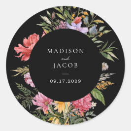 Pegatina Redonda Elegante Boda floral Boho Black Dutch