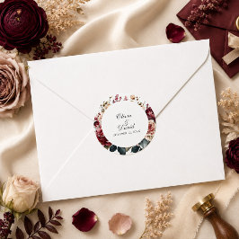 Pegatina Redonda Elegante Boda Floral Burgundy y Rosa Polvorienta 