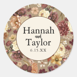 Pegatina Redonda Elegante Boda floral de acuarela de otoño