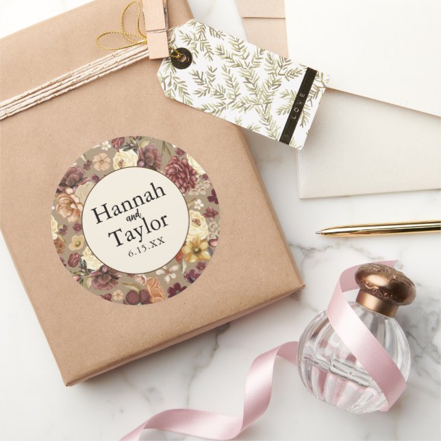 Pegatina Redonda Elegante Boda floral de acuarela de otoño (Regalar)