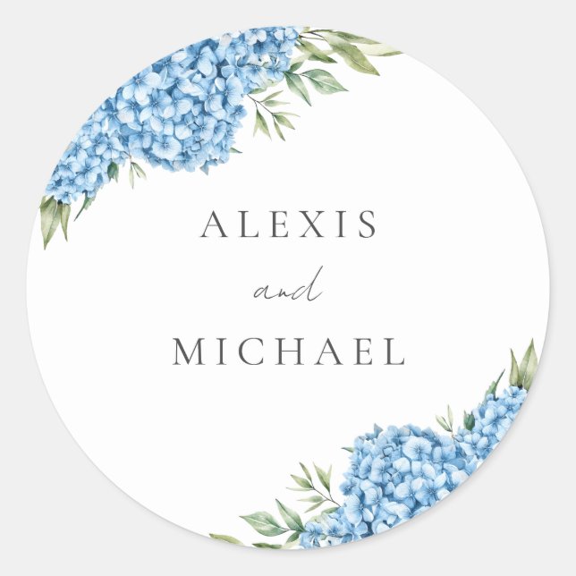 Pegatina Redonda Elegante Boda floral de Hydrangea azul (Anverso)