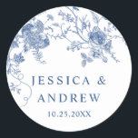 Pegatina Redonda Elegante Boda floral francés azul victoriano<br><div class="desc">Para una mayor personalización,  haga clic en el enlace "personalizar adicional" y utilice nuestra herramienta de diseño para modificar esta plantilla. Si necesita ayuda o elementos coincidentes,  por favor contáctame.</div>