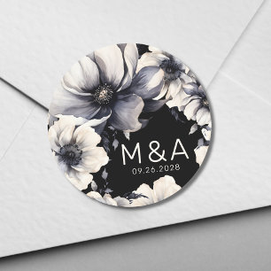 Pegatina Redonda Elegante Boda Floral Moderna de Blanco y Negro