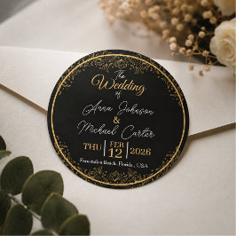 Pegatina Redonda Elegante Boda Floral Negra y Dorada 