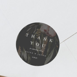 Pegatina Redonda Elegante Boda floral negro gracias