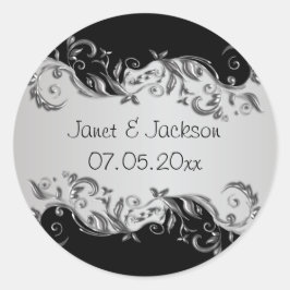 Pegatina Redonda Elegante Boda floral negro y plateado