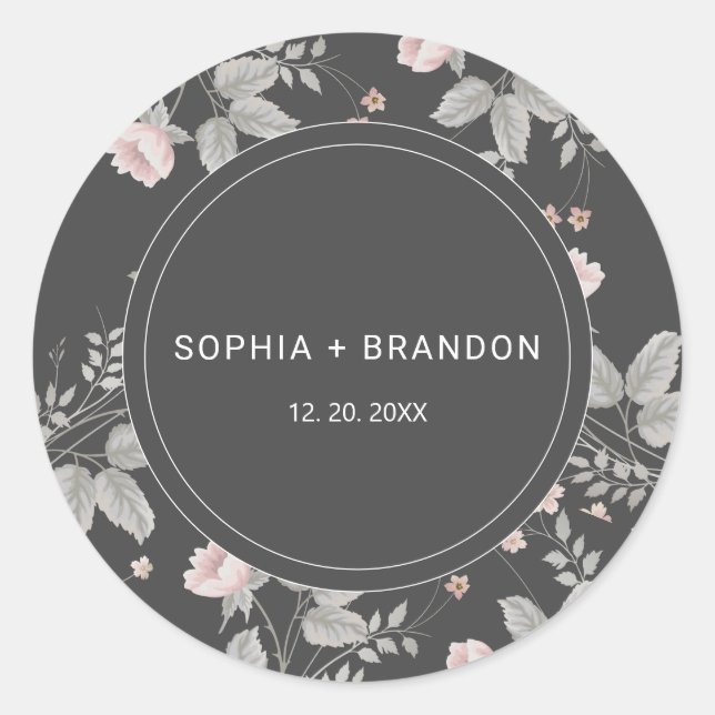 Pegatina Redonda Elegante Boda floral rosa y gris oscuro de Rubor (Anverso)