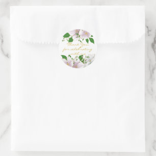 Pegatina Redonda Elegante Boda floral rosada con bordes dorados
