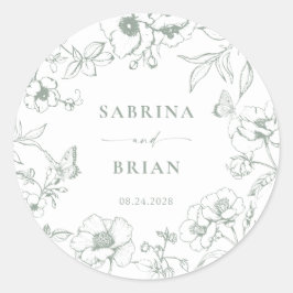 Pegatina Redonda Elegante Boda floral Sage Green Classic