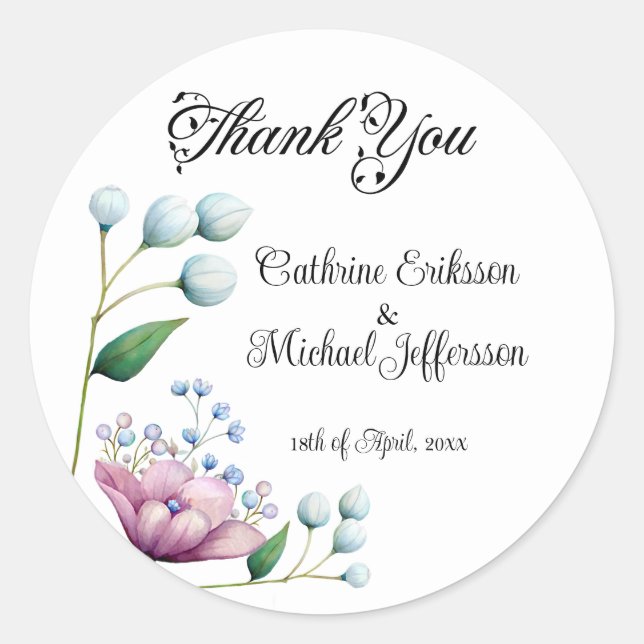 Pegatina Redonda Elegante Boda floral suave romance botánico (Anverso)