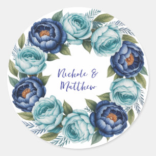 Pegatina Redonda Elegante Boda Floral Turquesa Azul