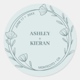 Pegatina Redonda Elegante Boda floral Verde azulado