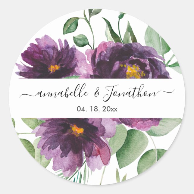 Pegatina Redonda Elegante Boda floral verde púrpura (Anverso)