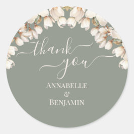 Pegatina Redonda Elegante Boda floral verde sabio y blanco