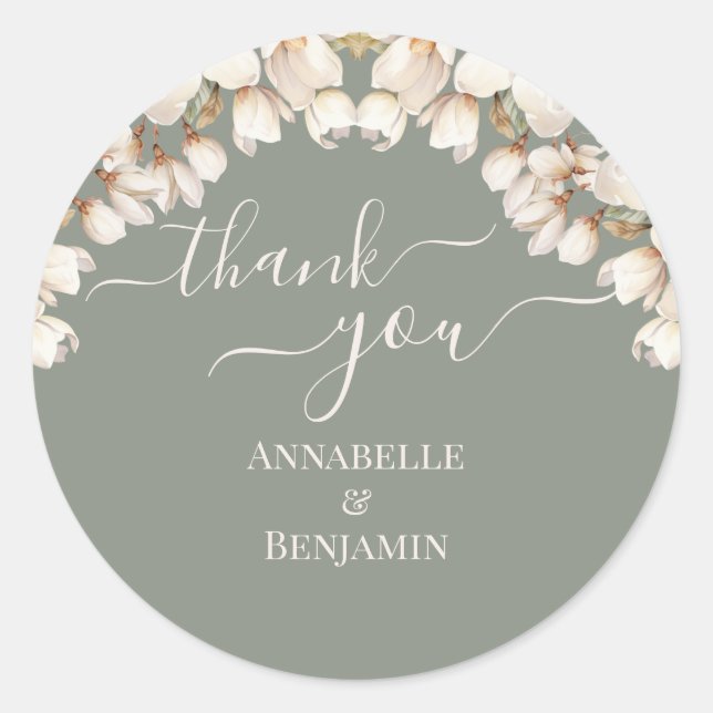 Pegatina Redonda Elegante Boda floral verde sabio y blanco (Anverso)