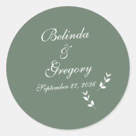 Pegatina Redonda Elegante Boda formal de escritura verde salada