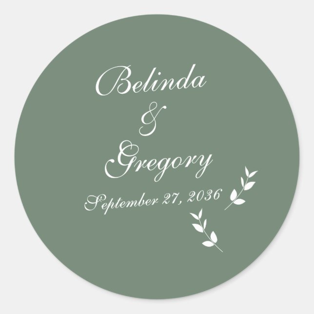Pegatina Redonda Elegante Boda formal de escritura verde salada (Anverso)