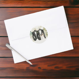 Pegatina Redonda Elegante Boda gay, dos novios en traje