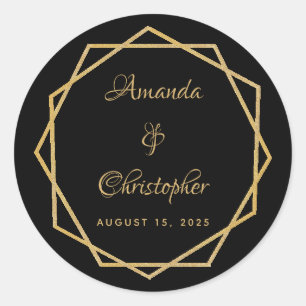 Pegatina Redonda Elegante Boda Geométrica Moderna en Oro sobre Negr