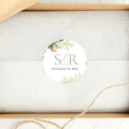 Pegatina Redonda Elegante Boda  Green Floral Personalizado