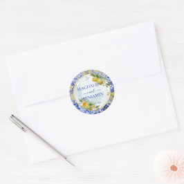 Pegatina Redonda Elegante Boda italiano de mosaico azul Lemons