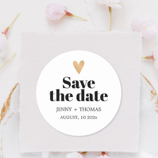 Pegatina Redonda Elegante boda limpia corazón de oro Save the date