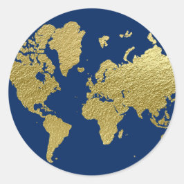 Pegatina Redonda Elegante Boda Mapa Mundial Navy y Dorado