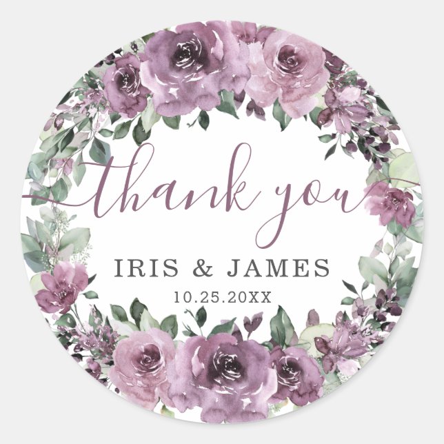 Pegatina Redonda Elegante Boda Mauve Plum Purple Floral (Anverso)