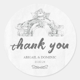 Pegatina Redonda Elegante Boda Minimalista Romano Moderno Gracias