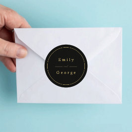 Pegatina Redonda Elegante Boda Moderno, Negro Y Oro Clásico