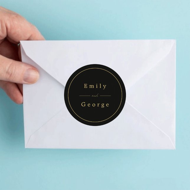 Pegatina Redonda Elegante Boda Moderno, Negro Y Oro Clásico (Subido por el creador)