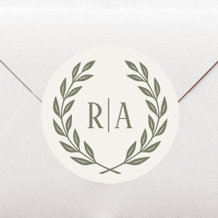 Pegatina Redonda Elegante Boda Monograma Crema Verde Wreath