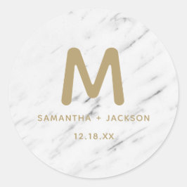 Pegatina Redonda Elegante Boda Monograma de Mármol Blanco y Relieve