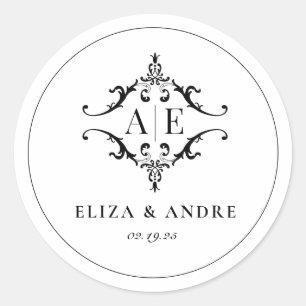 Pegatina Redonda Elegante Boda Monograma Escudo blanco y negro