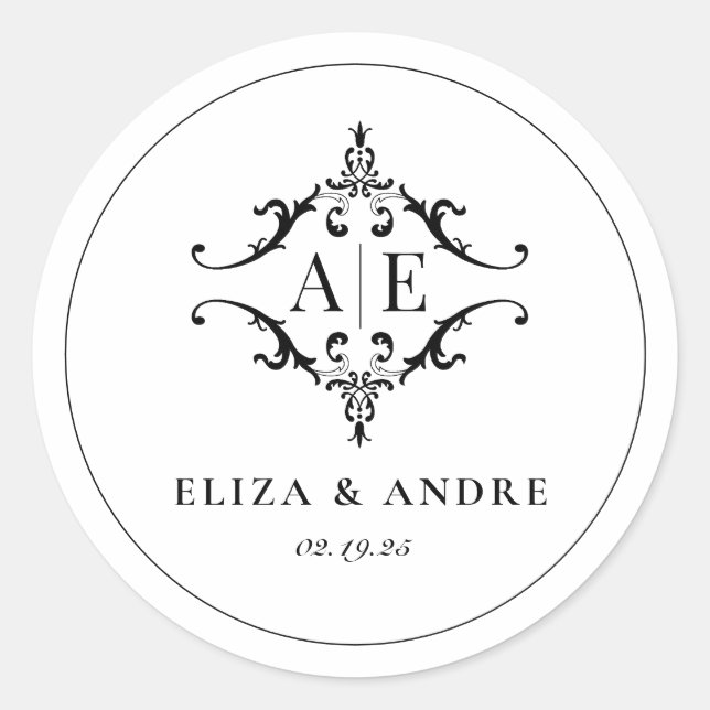 Pegatina Redonda Elegante Boda Monograma Escudo blanco y negro (Anverso)